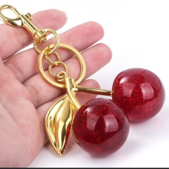 Handbags - New! Popular!! Hot! Gorgeous sparkle Large Red & Gold Cherries bag charm clip